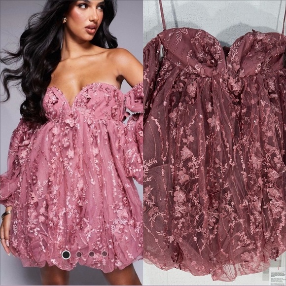 NWOT ASOS LUXE 3D embellished lace bandeau bubble hem mini dress in rose size 2 - Picture 1 of 13